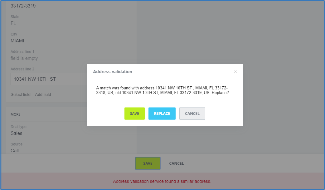 Скриншот всплывающего уведомления о неверном вводе адреса с подсказкой