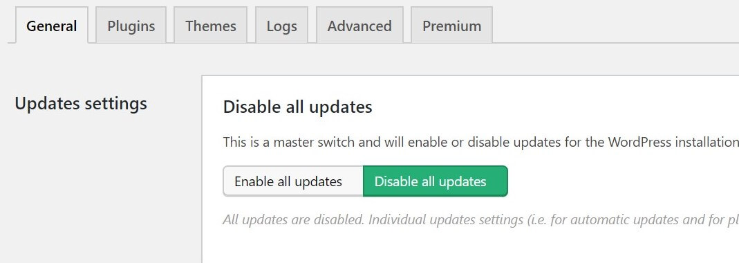 Image of how to toggle off "disable all updates" in Easy Updates Manager. How to disable WordPress auto update