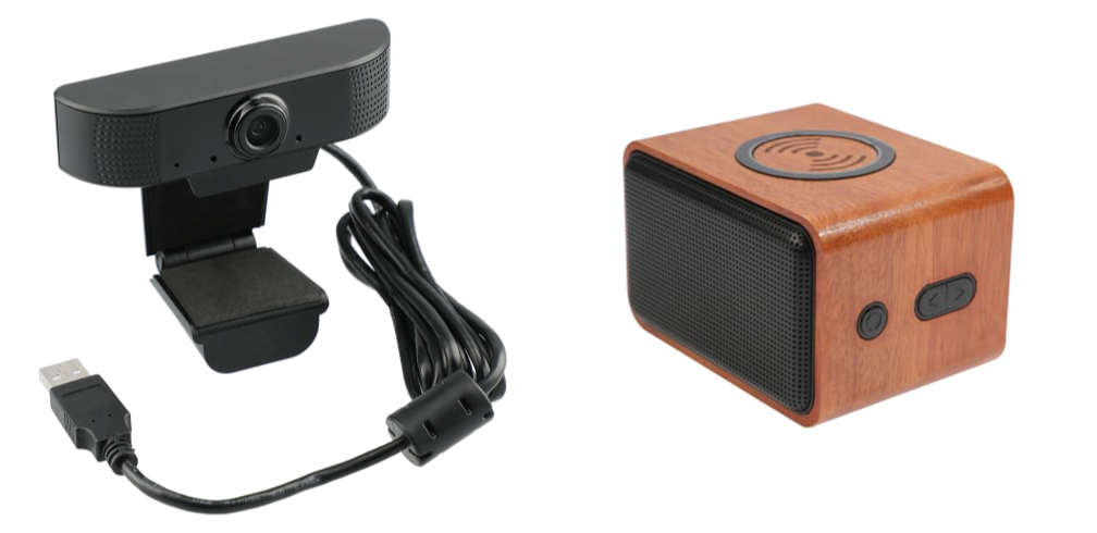 A black webcam and a bluetooth speaker in a wood casing.