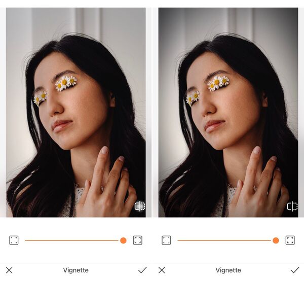 Foto de uma mulher com flores nas pálpebras do olho sendo editada pelo AirBrush