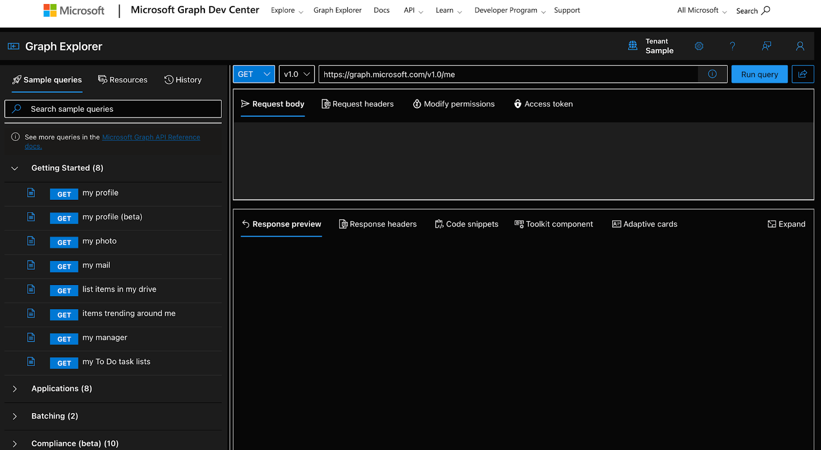 Screenshot of Microsoft Graph Explorer interface set up for a GET request to the Microsoft Graph API 'me' endpoint, with a bearer token ready for authorization.