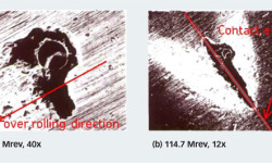 Fig. 4: Experimental results of spall propagation from an artificial indentation in the centre of the inner ring raceway of a tapered roller bearing. The ellipse shows the approximate size of the Hertzian contact.