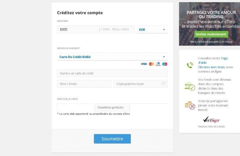 Sur le tableau de bord eToro, à côté du montant se trouve le taux de conversion de vos euros vers des dollars