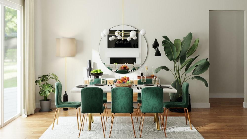 A dining room table with green chairs

Description automatically generated with medium confidence