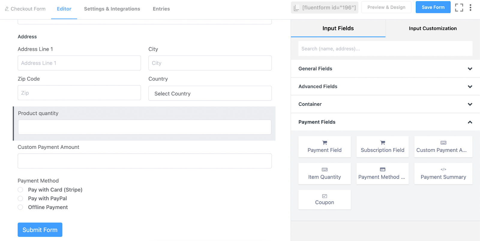 Fluent Forms Item quantity field, Payment fields, wordpress