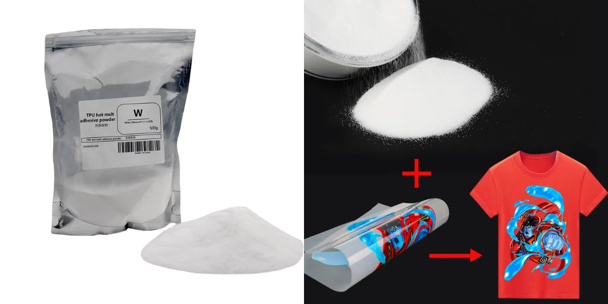 hot melt powder, a PET film, and printed t-shirt