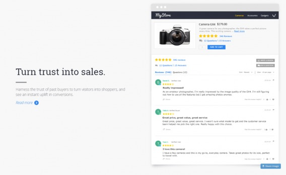 The headline "Turn trust into sales" on Yotpo's homepage effectively uses the keywords “trust” and “sales” and goes straight to the point with one of the key benefits offered by the platform.