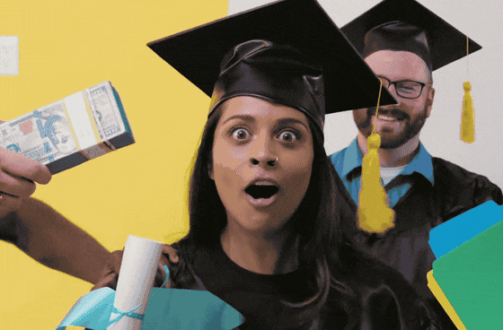 Lilly Singh smiling and giving a thumbs up while wearing a graduation cap holding a rolled up diploma with someone putting a sticker that says "adult" on her.