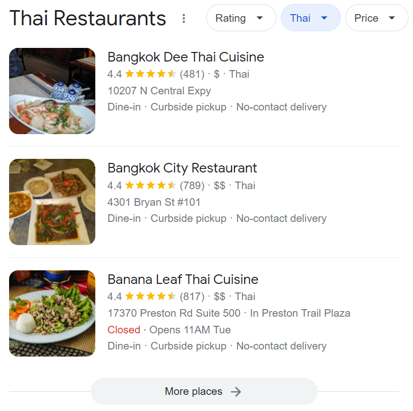 Google My Business listings for "Thai restaurants"
