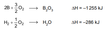 Imagem mostrando a reação de combustão do B e do H2:

1. B + 3/2 O2 --> B2O3  deltaH= -1255kJ

2. H2 + 1/2 O2 --> H2O  deltaH = -286kJ