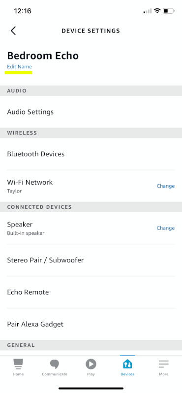Alexa App, Device settings