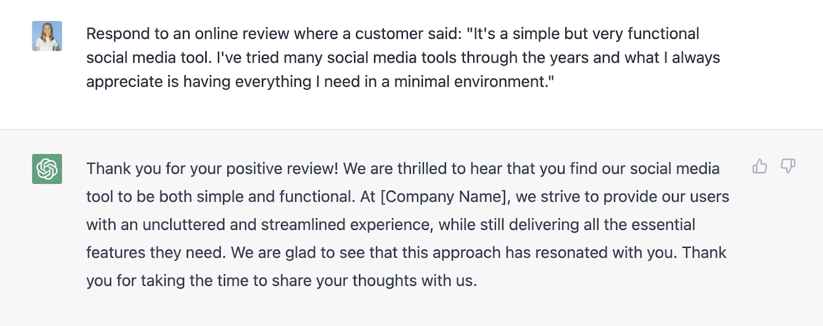 chatgpt generated response for positive customer review