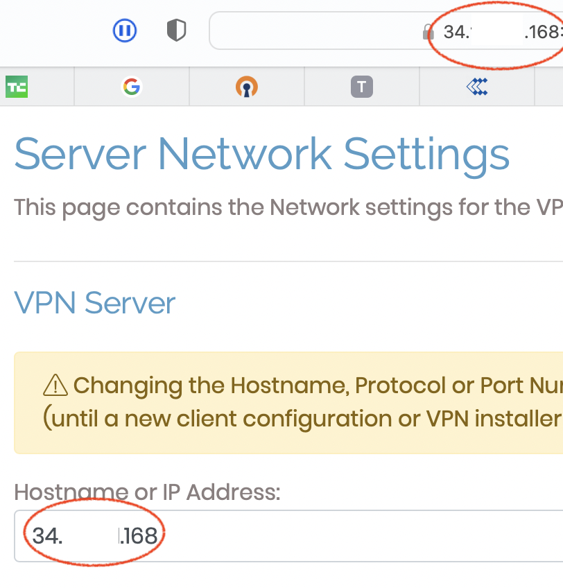 A screenshot of the OpenVPN interface comparing the VPN server's IP address with the address on the browser's address bar.
