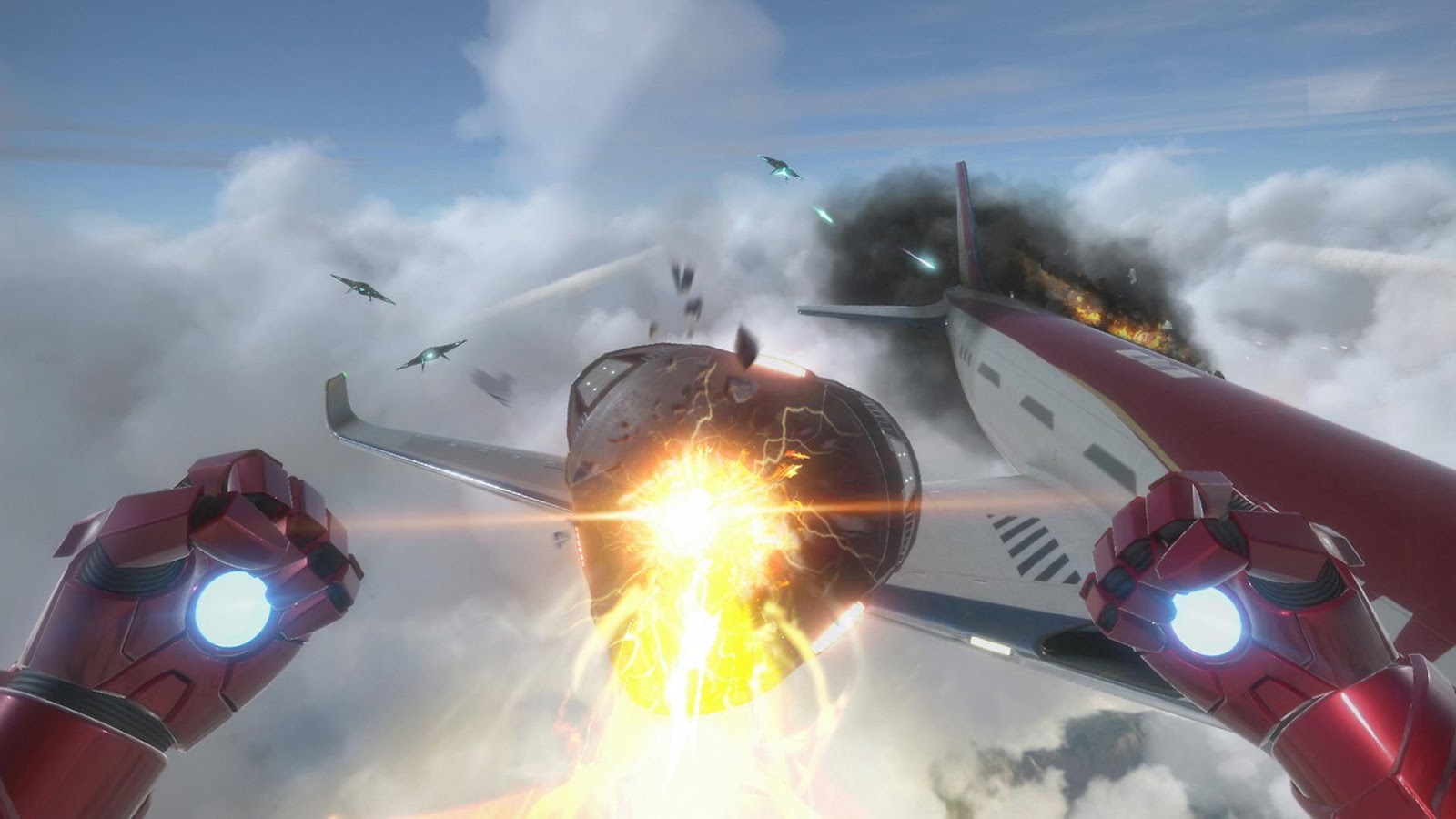 Լավագույն PS VR խաղեր. Երկաթե մարդուն երևում են ինքնաթիռի վերևում ինչ-որ բանով կռվելիս