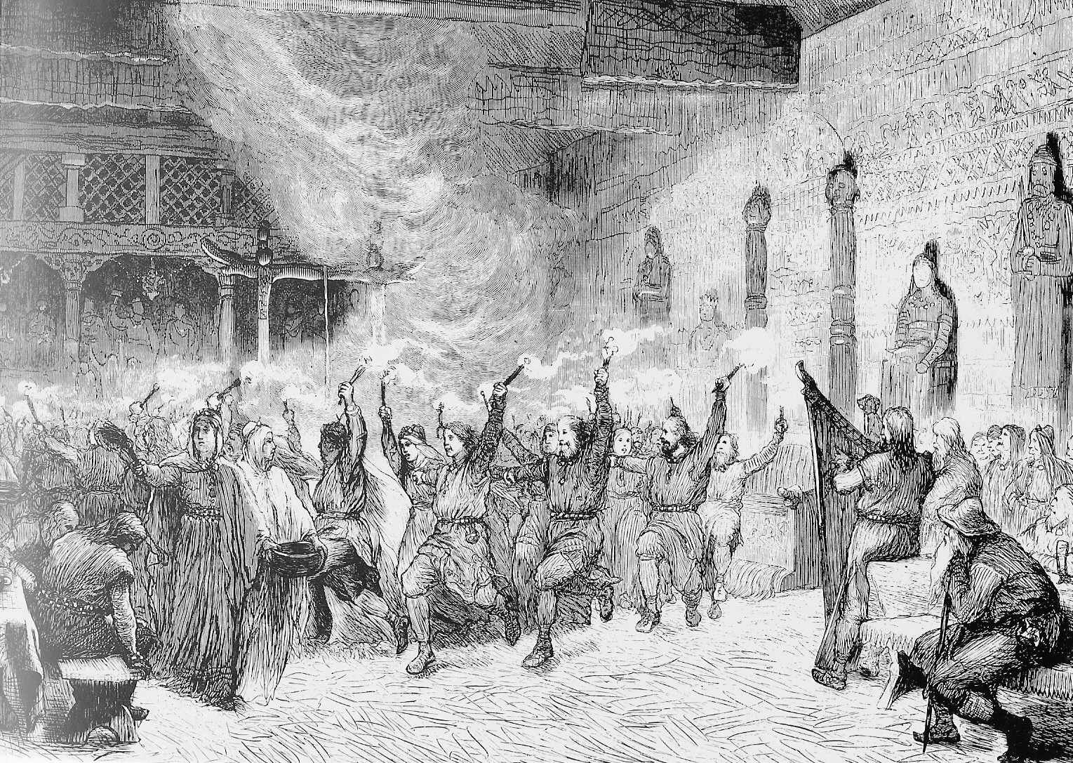 This illustration showcases the celebration of Dísablót. Individuals are partaking in festivities out in the open and are dancing in a public square, where people are gathered to revel in the festivities.

