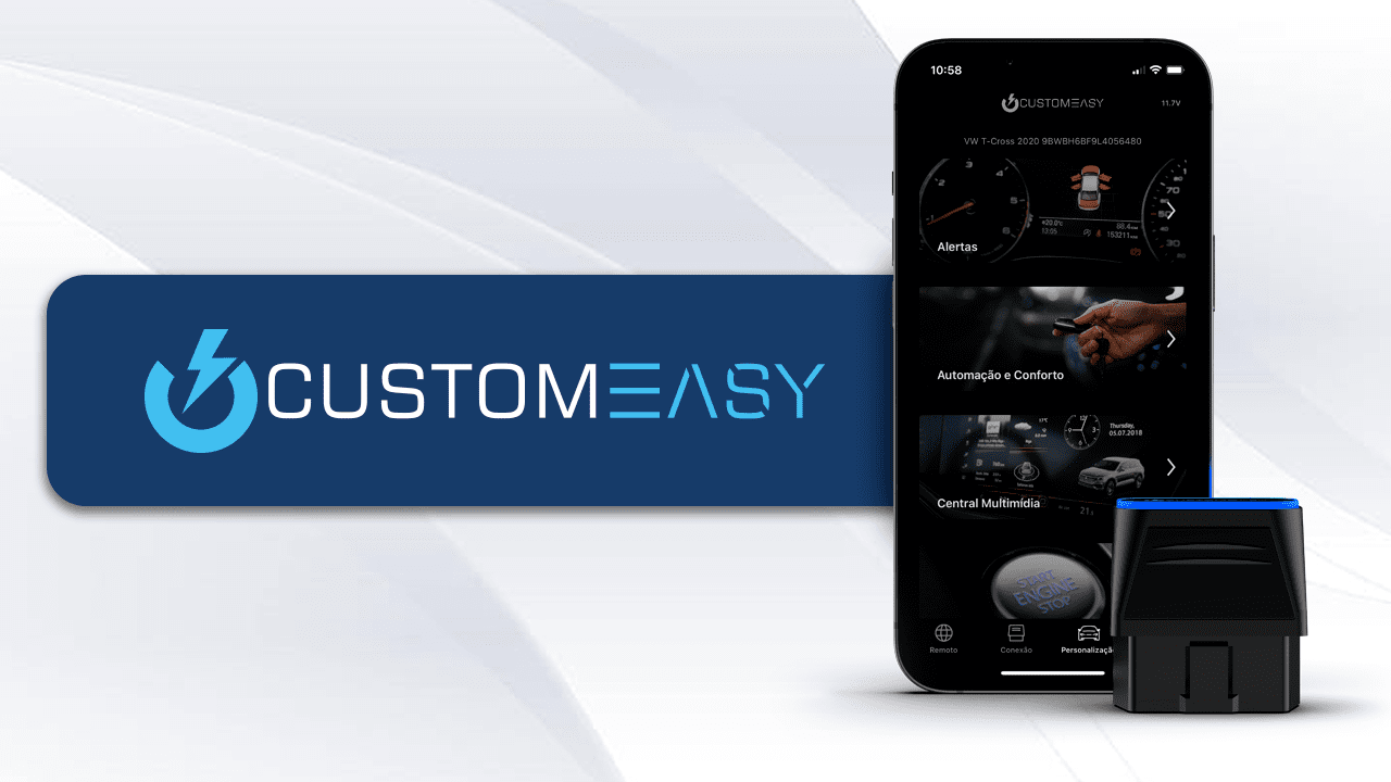 smartphone ao lado de OBD-II com aplicativo do CustomEasy 