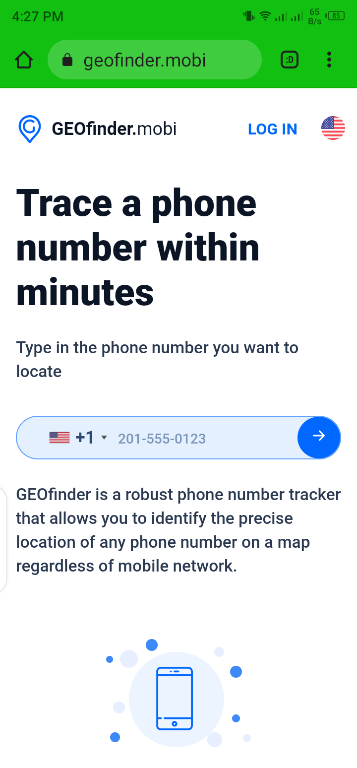 screenshot of geofinder.mobi home page on phone
