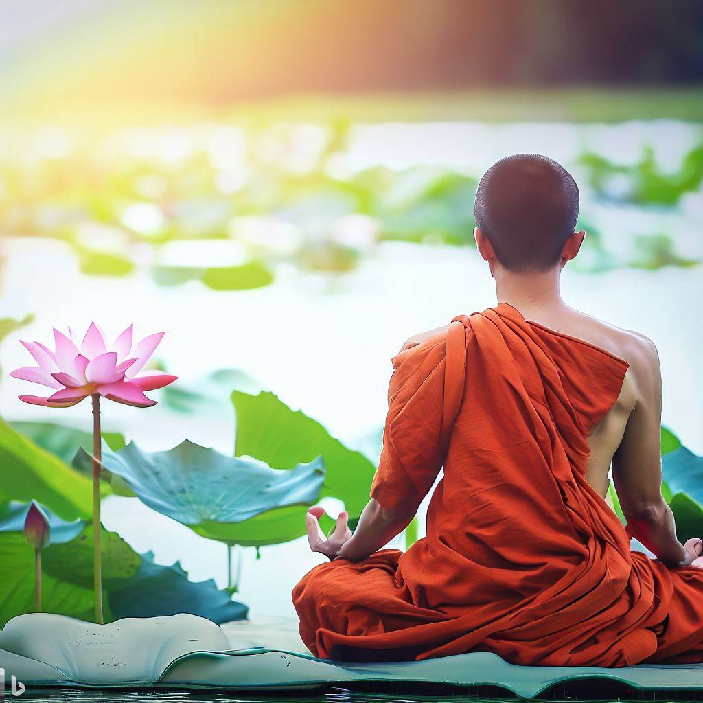 Monje budista en posición de meditación de loto, una práctica espiritual integrada a la medicina ayurvédica