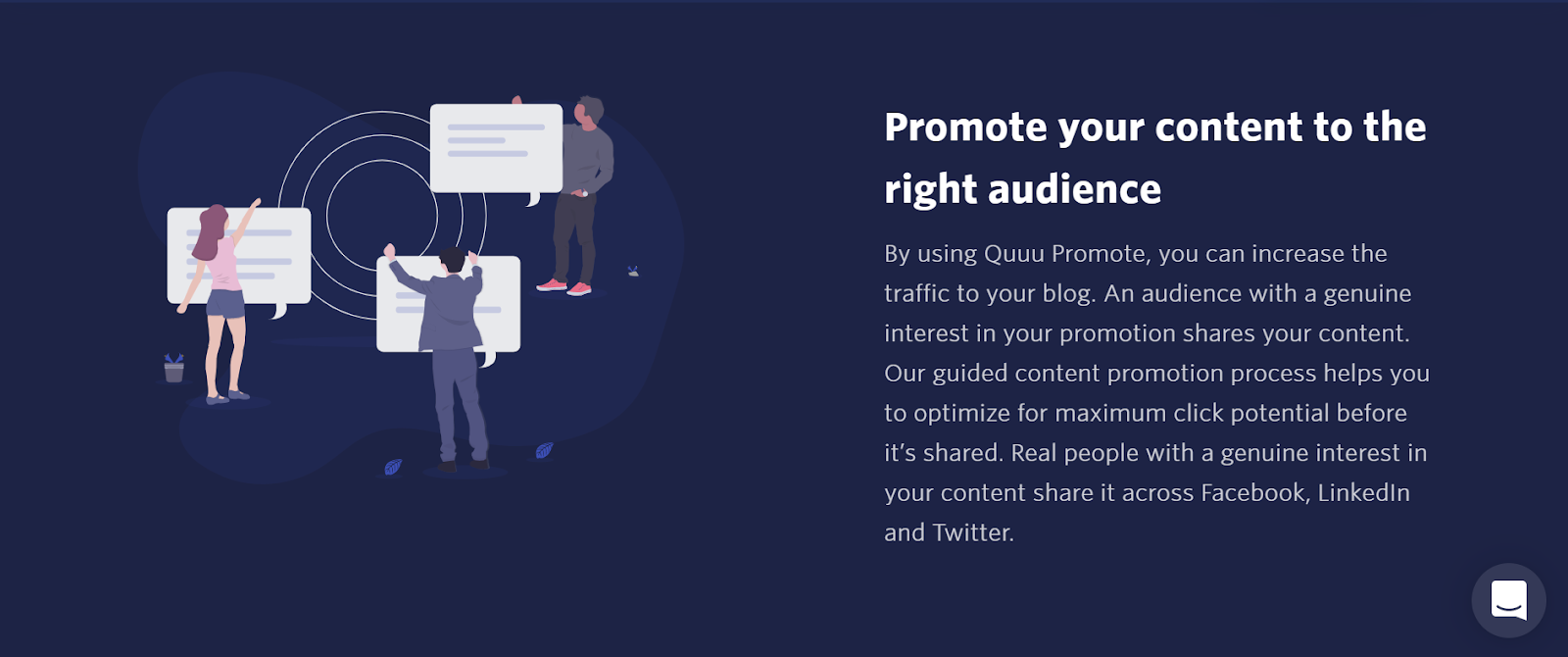 An image taken from the Quuu Promote landing page, it shows three animated people holding large speech bubbles of content and pinning them to specific areas to reach the right people. The heading to the right of the illustration reads: "Promote your content to the right audience"