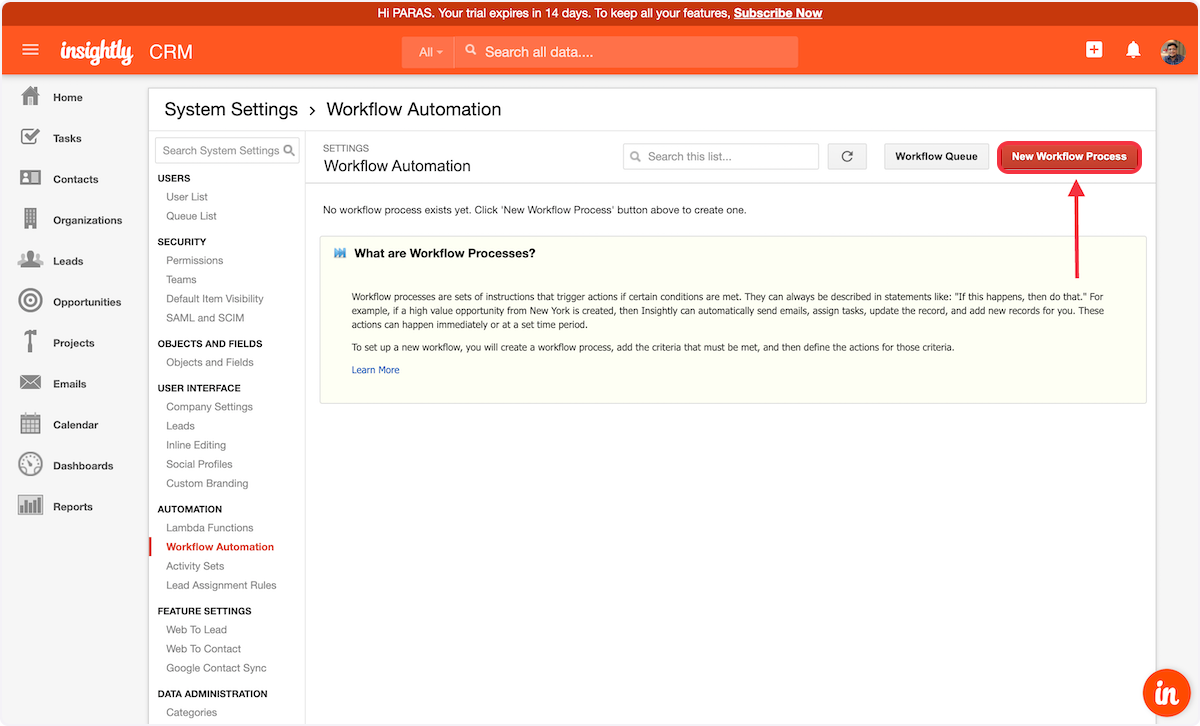 Click on the New Workflow Process button.