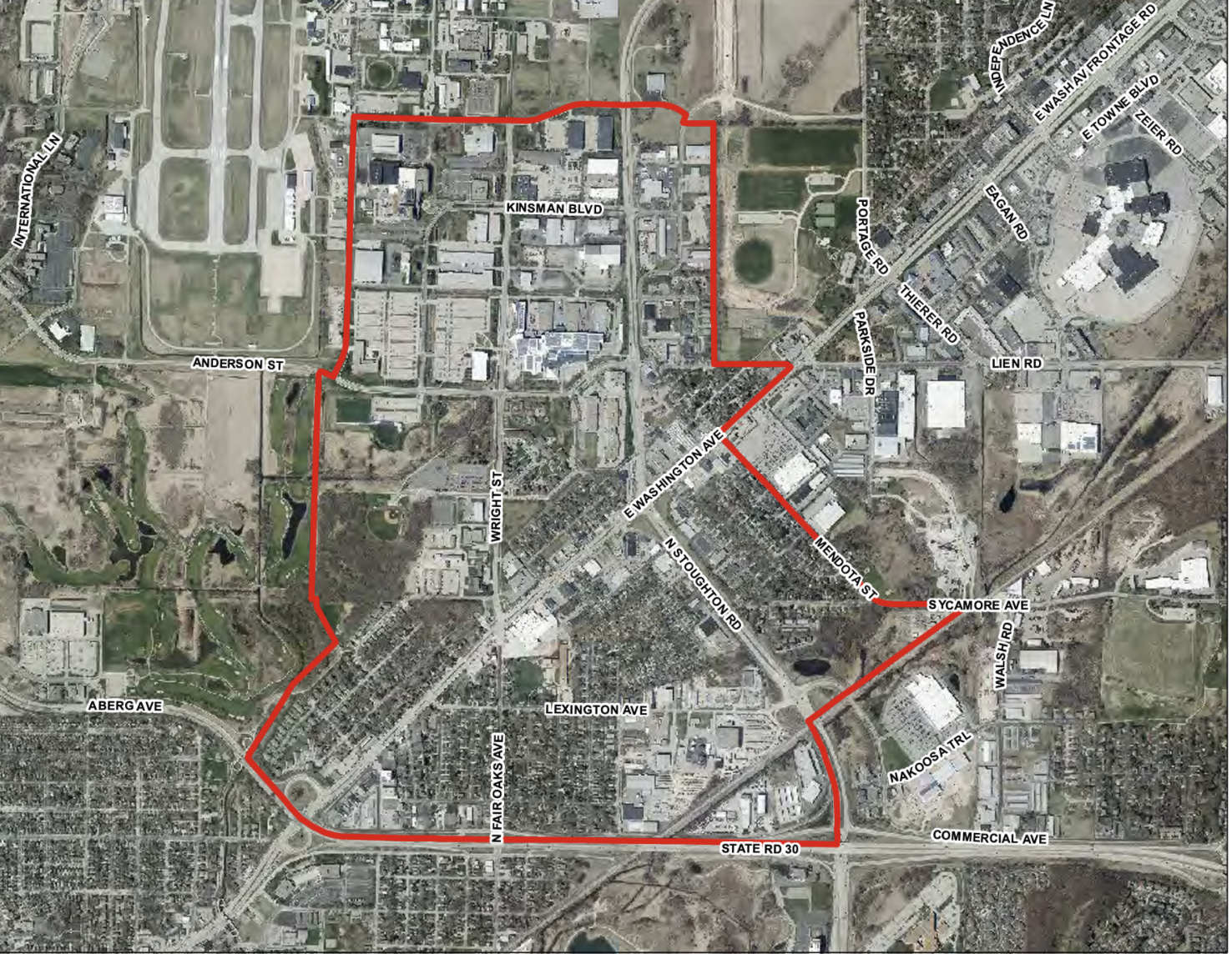 map of Hawthorne Truax planning area. Generally follows E Washington Ave and Hwy 51, and is bound by Hwy 30, the airport and Pierstorff and Mendota Streets.