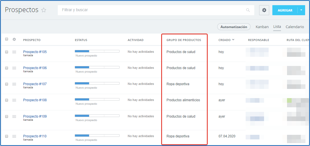 Captura de pantalla de la lista general de prospectos con la sección "Grupos de productos"