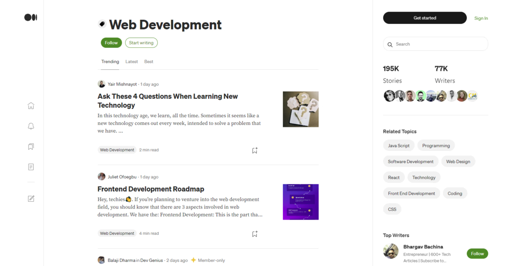 Une liste d'articles sur le développement web dans Medium