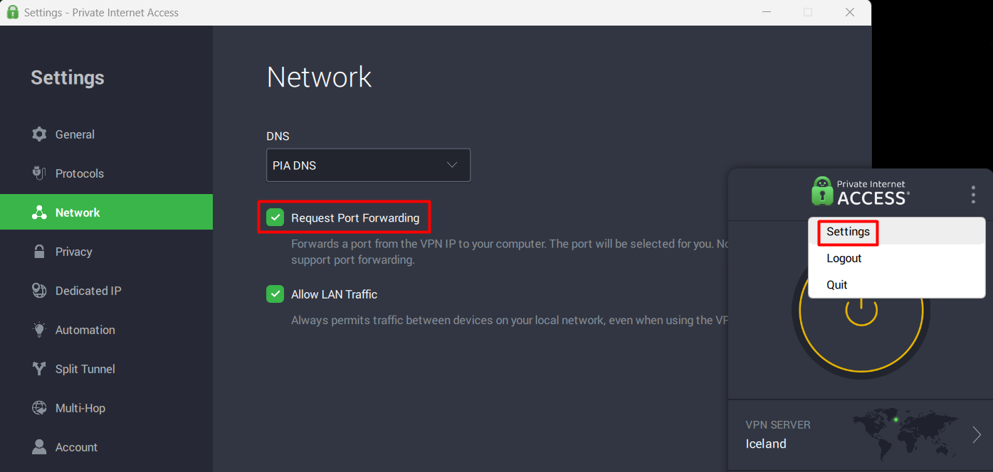 PIA Port Forwarding screen