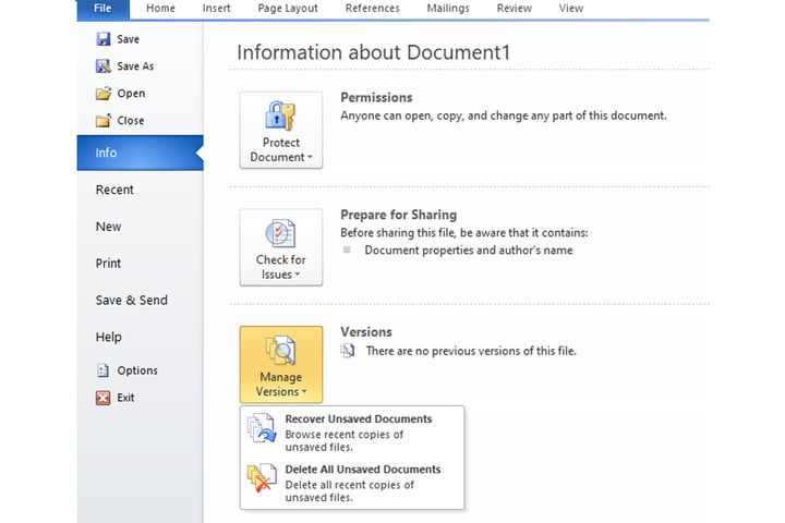 Le bouton Récupérer les documents non enregistrés sur Microsoft Word.