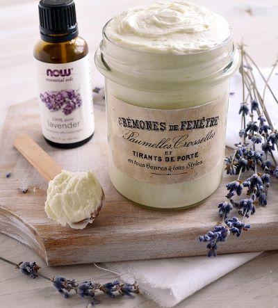 A jar of cream and lavender oil

Description automatically generated