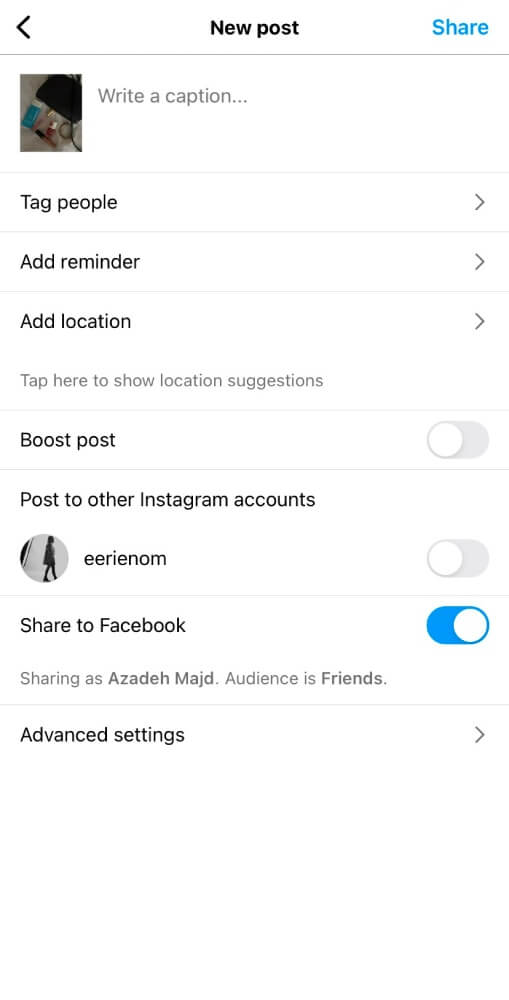 Schedule Instagram posts - tap on Advanced Settings