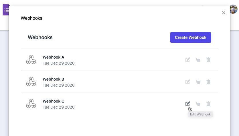 google forms webhook: Webhooks list in Google forms 