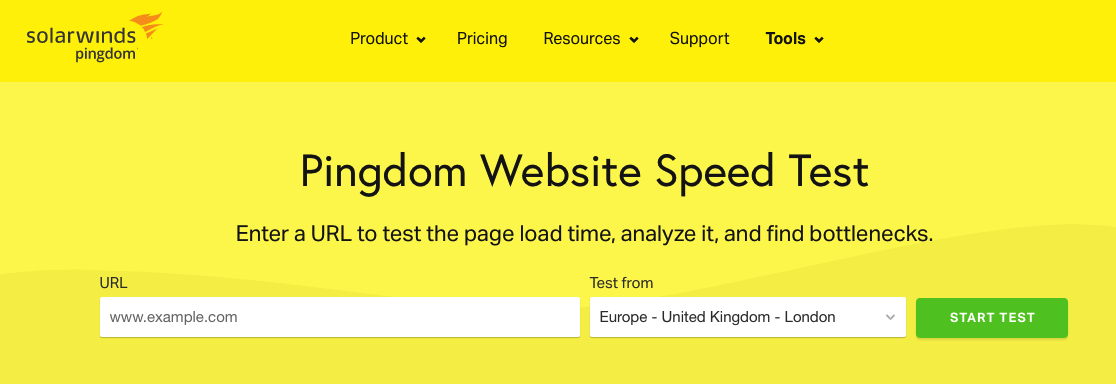 The Pingdom speed test homepage