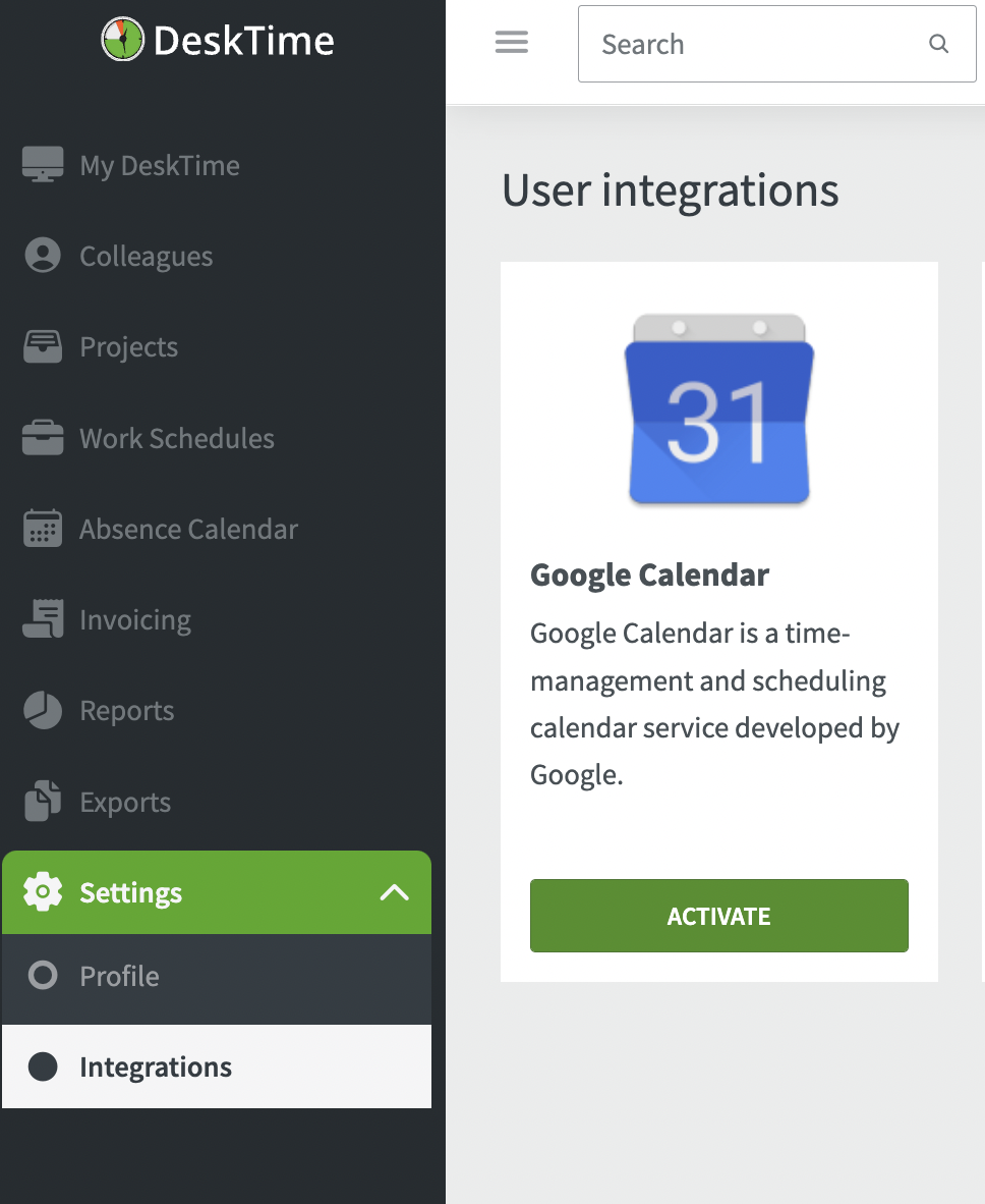 DeskTime app screenshot, integration with Google Calendar