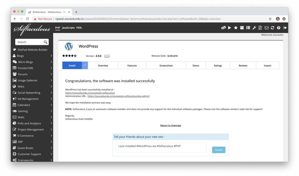 cài đặt wordpress với cpanel 7 mềm mại hoàn tất