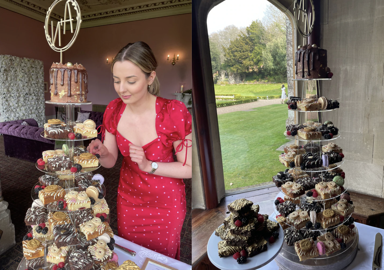 photo of girl in red dress standing by chocolate brownies and other wedding desserts