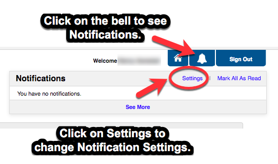 Screen shot of the notifications "bell" icon with a pointing arrow to it as well as an arrow pointing to the "Settings" link.