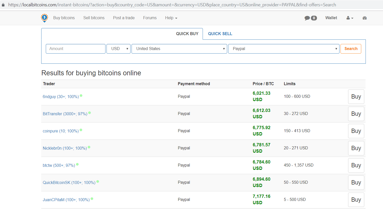 Localbitcoins.com Results for buying bitcoins online screen.