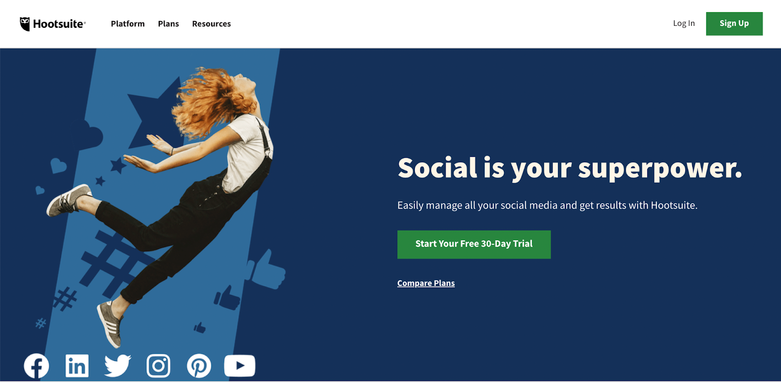 Hootsuite home page screen showing social is your superpower.