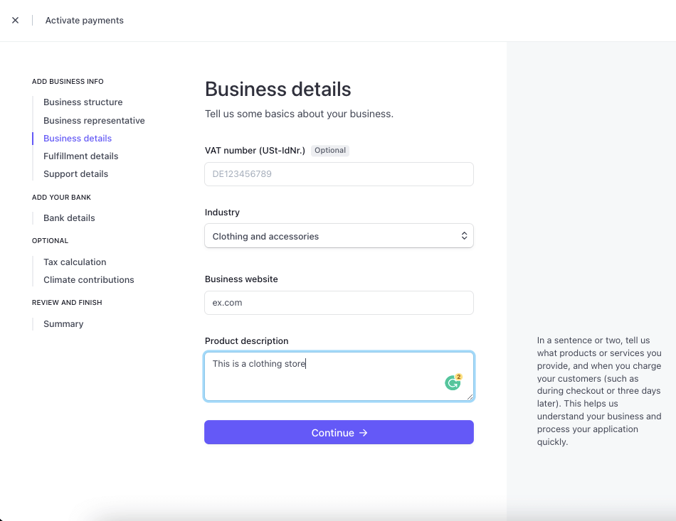 this is a screenshot of  business details