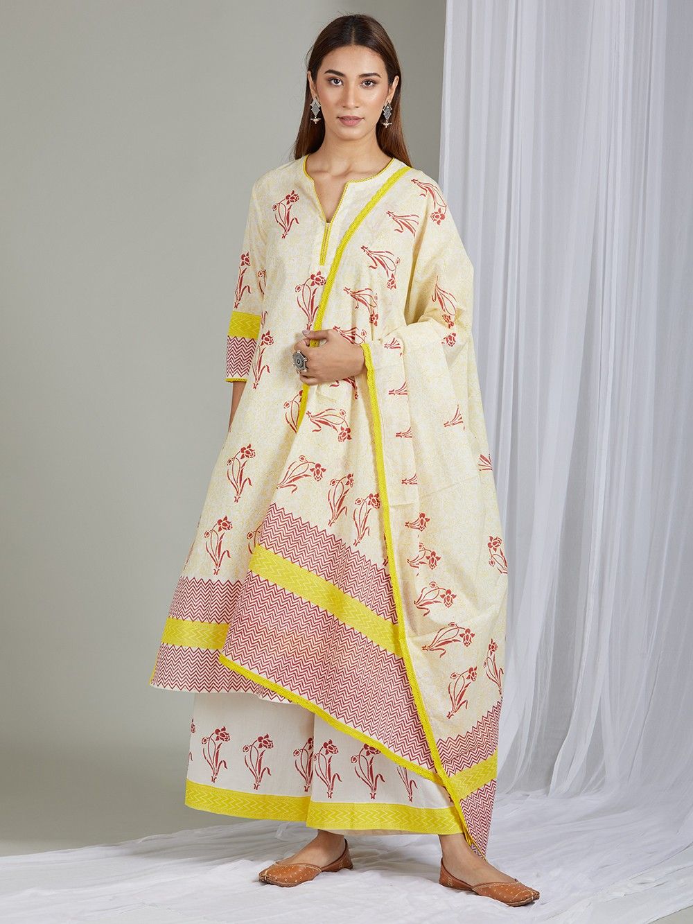 the loom - Yellow Red Hand Block Printed Cotton Suit