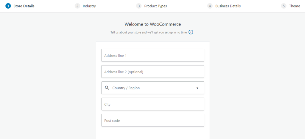 Formulaire de l'assistant de configuration de WooCommerce.
