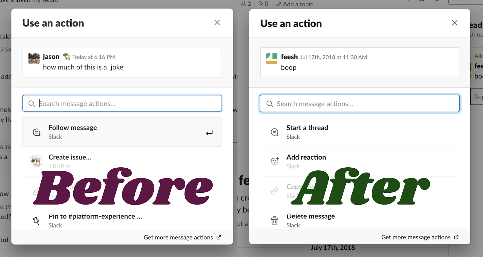 Part one of a before and after screenshot of Slack's design system, Select component, shows that while the interface is visually similar, the underlying code is no longer inaccessible to screen readers.