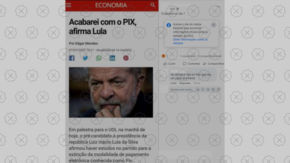 Print de imagem desinformativa, com a foto de Lula, que não disse que irá acabar com o PIX se for eleito