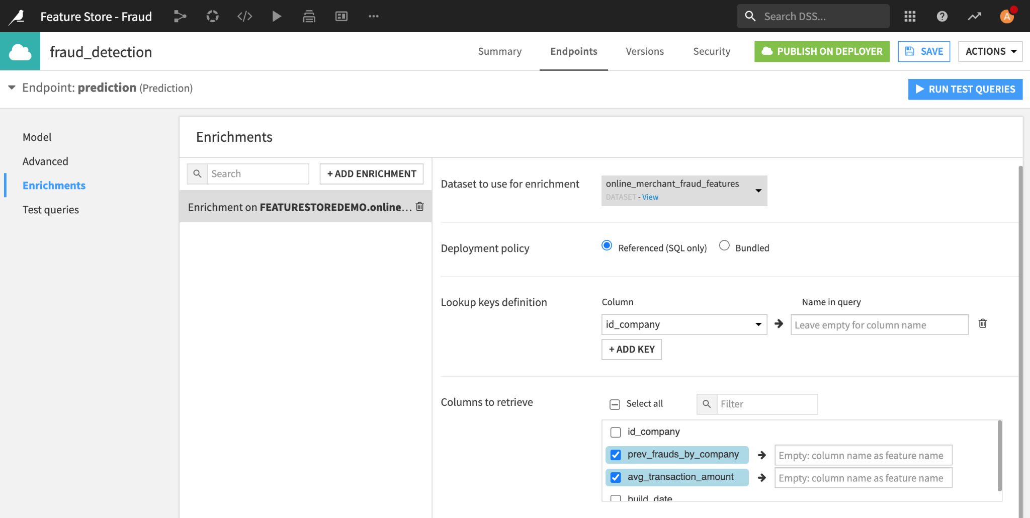 Setting-up Online feature store look-ups through API query enrichment