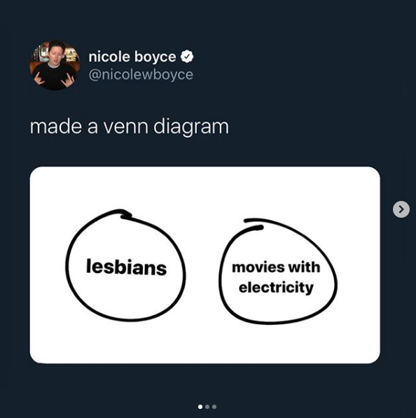 Tweet by @nicolewboyce that reads: made a venn diagram. Attached is a picture of two circles that do not overlap: one says "lesbians" and the other says "movies with electricity"