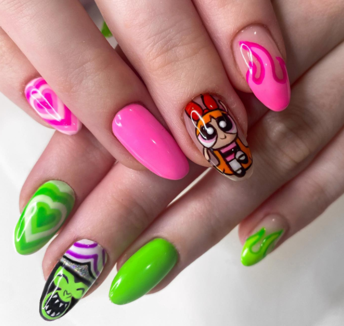 Power puff Girls Neon Nail Designs