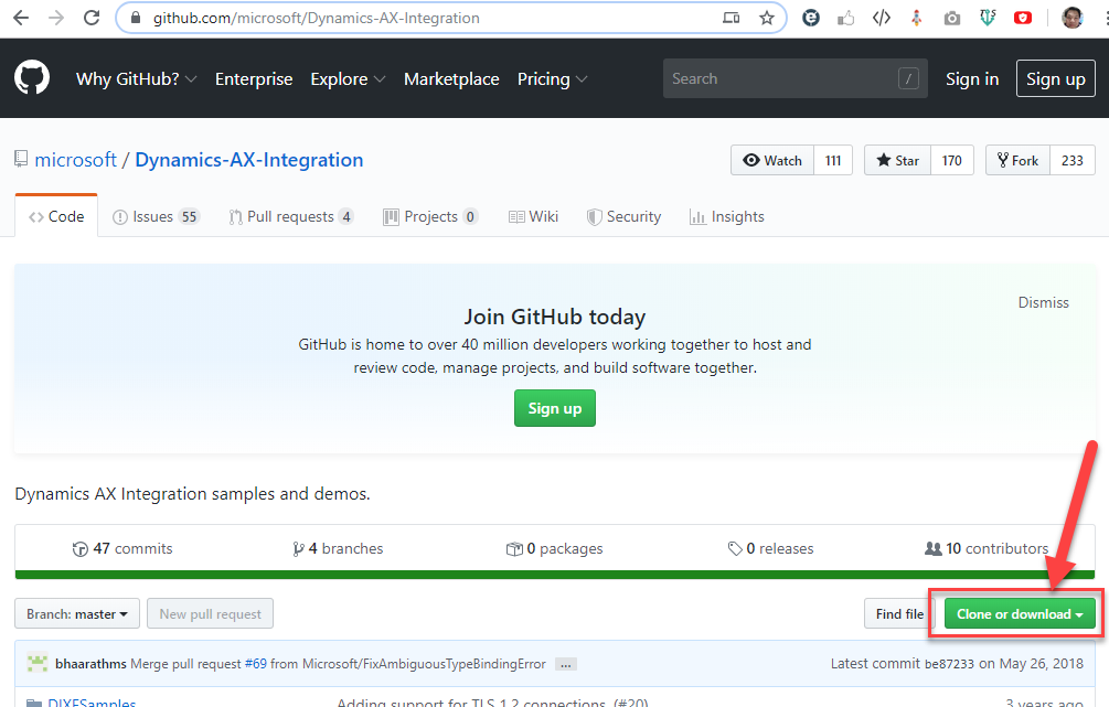 github.com/microsoft/Dynamics-ÆX-lntegration 
hy GitHub? 
Enterprise Explore 
microsoft / Dynamics-AX-lntegration 
Q) Issues 55 
O Code 
Pull requests 4 
Marketplace 
Projects O 
Pricing 
Wiki 
Search 
@ Watch 
bJL Insights 
Sign in 
170 
Sign up 
111 
233 
Security 
Star 
Find file 
Fork 
Join GitHub today 
GitHub is home to over 40 million developers working together to host and 
review code, manage projects, and build software together. 
Dynamics AX Integration samples and demos. 
47 commits 
V 4 branches 
Sign up 
o packages 
O O releases 
Branch: master 
New pull request 
Dismiss 
10 contributors 
Clone or download • 
bhaarathms Merge pull request from Microsoft/FixAmbiguousTypeBindingError 
Latest commit be87233 on May 26, 2018