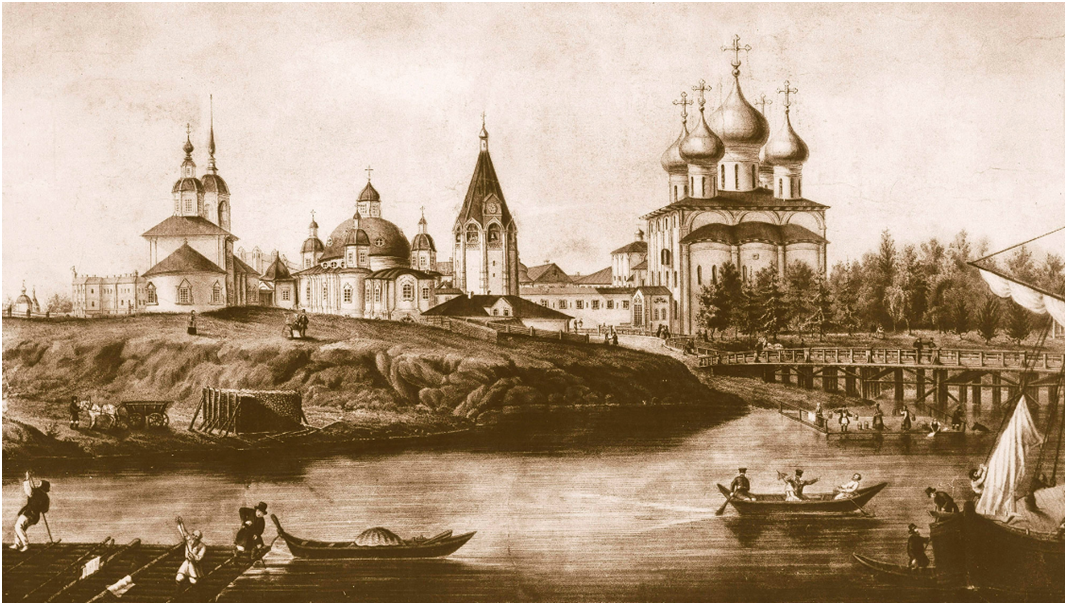 Вид Вологодских соборов. Гравюра А. Скино по рисунку А. Ушакова. 1853 г.