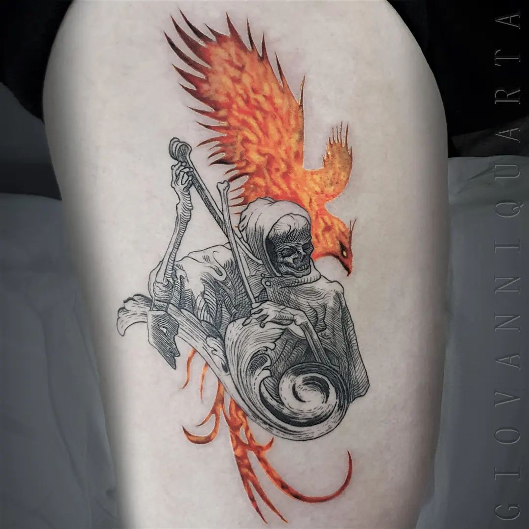 Phoenix And Skeleton Tattoo